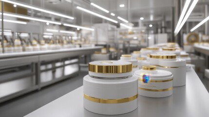 Poster - A modern factory with rows of machines producing luxurious face creams.