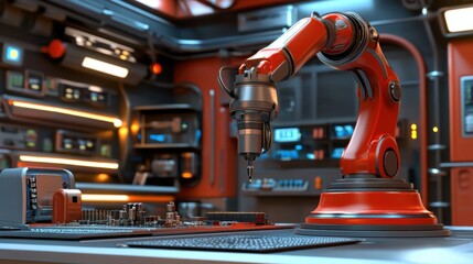 Poster - A precision robotic arm placing components on a PCB in a clean environment.