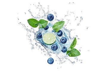 Wall Mural - Fresh blueberries and lime slice with mint leaves in water splash isolated on white or transparent PNG