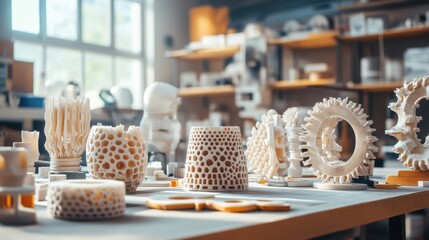 Poster - Plastic injection molds with intricate patterns displayed on a workbench.