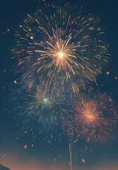 vibrant fireworks exploding in the night sky, set against a blue background, framed by a white borde