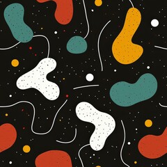 Poster - Abstract colorful shapes on dark background with playful dots and lines creating a modern design aesthetic