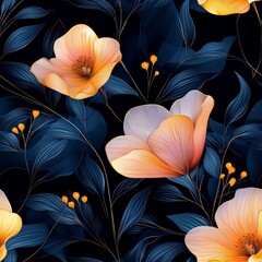 Poster - Elegant Floral Pattern with Vibrant Flowers and Bold Leaves on Dark Background for Modern Design Projects