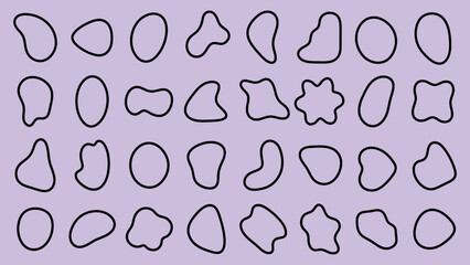 Poster - Abstract shapes pattern with black outlines on a purple background. Various abstract shapes, outlined in black, create a unique pattern on purple. Abstract art design. Black shape vector set.