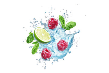 Wall Mural - Fresh raspberry and lime slices with mint leaves in water splash isolated on white or transparent PNG