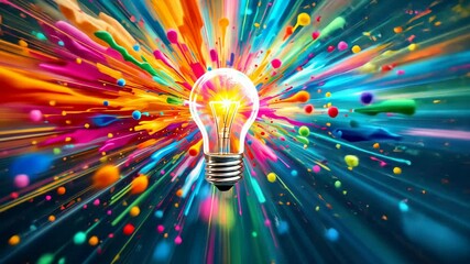 Poster - Vibrant explosion of colorful paints illuminates light bulb in dynamic abstract art