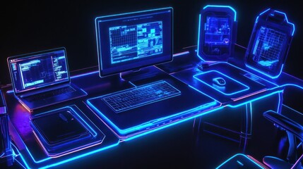 Poster - Futuristic Neon-Lit Gaming Setup: A Cyberpunk Workstation