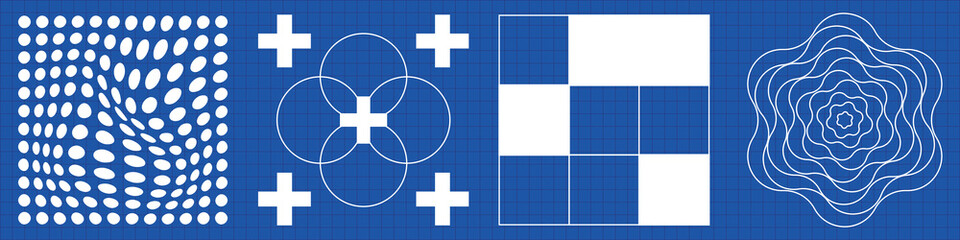 Poster - Abstract geometric patterns in blue and white. Geometric shapes include dots, crosses, squares, and waves. Blue and white abstract designs with geometric patterns. Geometric elements, vector set.