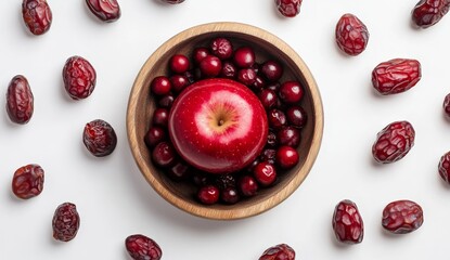 Poster - Red apple and cranberries in wooden bowl, surrounded by dates.