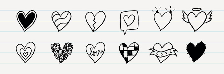 Poster - Doodle hearts in various styles: striped hearts, broken hearts, speech bubble hearts, angel hearts. Playful heart doodles, love-themed heart sketches. Cute hand drawn love doodle, set. Vectors.