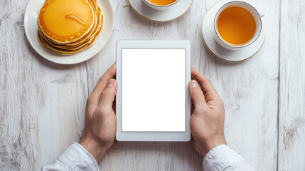 Maslenitsa. Pancakes with honey and tea for breakfast. A man is holding a tablet with a white screen while sitting at a stylish wooden table. A mockup of a modern tablet