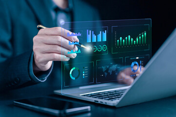 Poster - analyst manages the system database reports, analytics business. analyzes data plans and shows a dashboard chart on the computer. concept of research on platform digital technology, analytics business