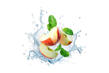 Wall Mural - Fresh apple slices with mint leaves in water splash isolated on white or transparent PNG