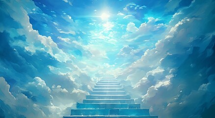 Wall Mural - a serene stairway leading to heaven in the clouds, with white stone steps stretching upward, bathed 