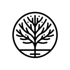 Poster - Abstract Tree of Life Symbol:  A minimalist line art illustration of a stylized tree of life enclosed within a circle, representing growth, strength, and connection.  The design is simple, elegant.