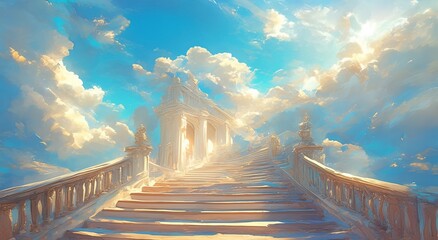 Wall Mural - a serene stairway leading to heaven in the clouds, with white stone steps stretching upward, bathed 