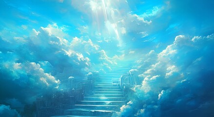 Wall Mural - a serene stairway leading to heaven in the clouds, with white stone steps stretching upward, bathed 