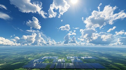 environmental energy farm perspective, extensive solar panel grid, systematic renewable infrastructure, lush green field base, powerful cumulus cloud formations, countryside panoramic view,