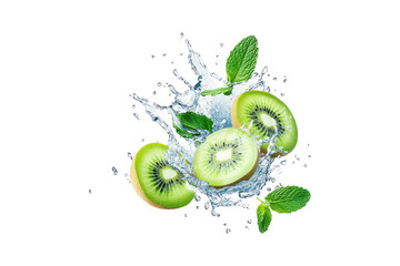 Wall Mural - Fresh kiwi slices with mint leaves in water splash isolated on white or transparent PNG