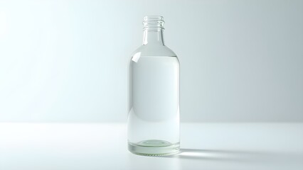 An empty glass bottle with clear reflections on a pure white surface