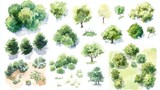 environmental design resource collection, tender watercolor vegetation symbols, variety of tree canopy sizes, subtle green tonal variations, professional landscaping elements, organic botanical