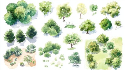 environmental design resource collection, tender watercolor vegetation symbols, variety of tree canopy sizes, subtle green tonal variations, professional landscaping elements, organic botanical