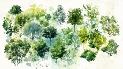 environmental design resource collection, tender watercolor vegetation symbols, variety of tree canopy sizes, subtle green tonal variations, professional landscaping elements, organic botanical