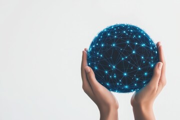 Poster - Hands Holding Abstract Digital Globe with Network Connections on Light Background