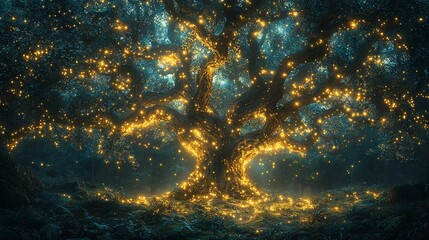 Poster - Magical glowing tree at night in a dark forest.