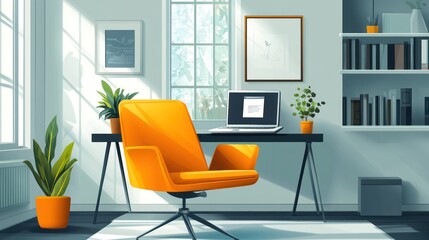 Poster - Sunlit home office with orange chair, laptop, and bookshelf.