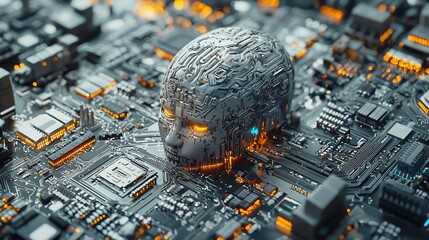 Poster - AI brain on circuit board, glowing eyes.