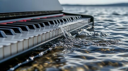 Poster - Piano keys merging with water serene lake artistic photography nature close-up harmony of sound and element