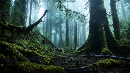 Aufkleber - Misty forest adventure enchanted woods photography lush environment ground-level view nature's serenity