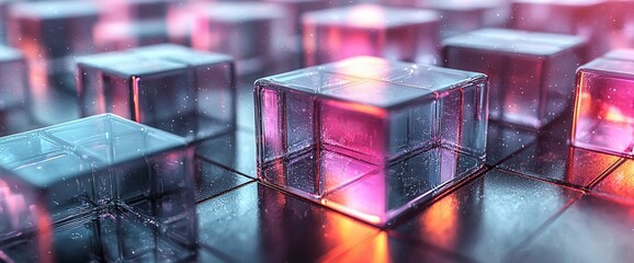Poster - Glowing glass cubes on a reflective surface.