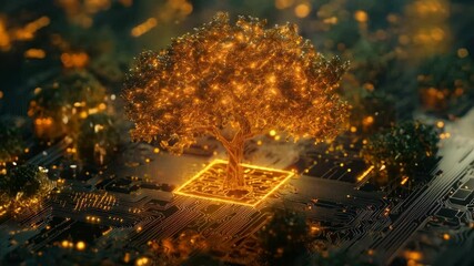 Poster - Glowing circuit tree: tech nature fusion in motion on microchip