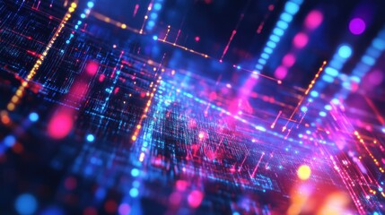 Poster - Abstract Digital Network: vibrant colors, glowing lines, and data streams create a futuristic, technological landscape.