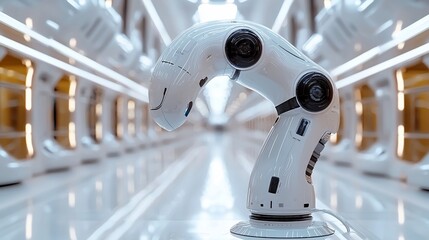 Poster - Robotic arm in futuristic factory.