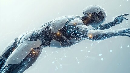 Poster - Futuristic android robot floats, digital network.