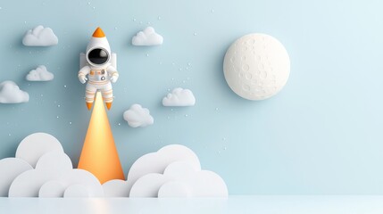 Wall Mural - Astronaut flying through clouds on a rocket dreamy space scene colorful cartoon style fantastic atmosphere whimsical perspective for kids