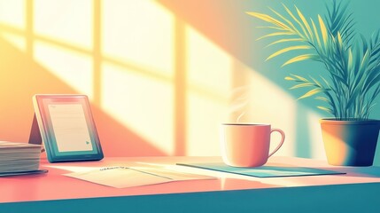 Poster - Sunlit workspace with coffee, tablet, plant, and papers.