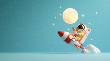 Wall Mural - Cute cartoon astronaut launching into space from a colorful background adventure illustrating the joy of exploration and imagination