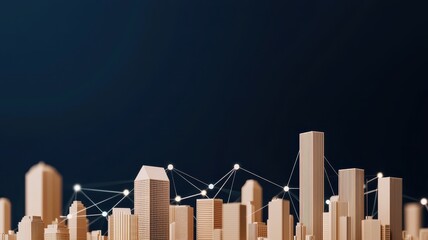 Poster - A digital representation of a modern skyline with geometric buildings interconnected by lines, suggesting technology and urban development.