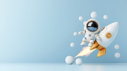Wall Mural - Adventurous astronaut launching into space playful rocketing scene outer space animation eye-level view imagination and exploration
