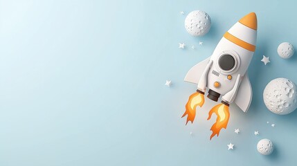 Wall Mural - Playful astronaut in heroic pose with rocketship outer space digital illustration fantasy environment aerial view imagination and adventure