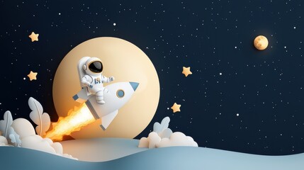 Wall Mural - Adventurous astronaut launching into space outer space cartoon style nighttime sky playful perspective exploration and imagination
