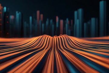 Fototapete - A vibrant abstract landscape with flowing lines, illuminated in orange and blue hues, resembling a futuristic city skyline.