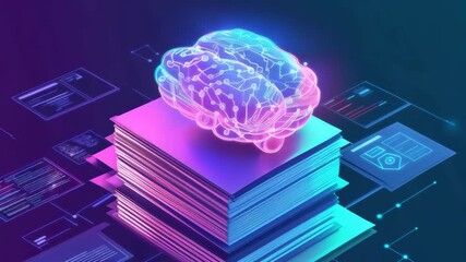 Poster - Glowing neon brain hovers above digital books in futuristic ai technology concept