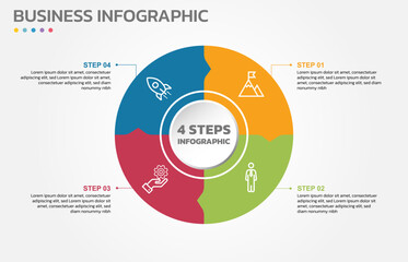 Poster - Visual data presentation. Cycle diagram with 4 options. Pie Chart Circle infographic template with 4 steps, options, parts, segments. Business concept. Editable pie chart with sectors.