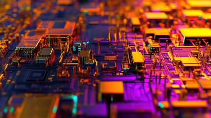 Poster - Abstract Circuit Board: A vibrant, close-up view of a futuristic circuit board with glowing orange and purple hues.