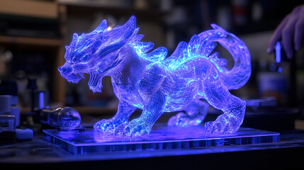 Poster - Artistic led dragon sculpture creation studio environment 3d render vibrant blue glow intricate design